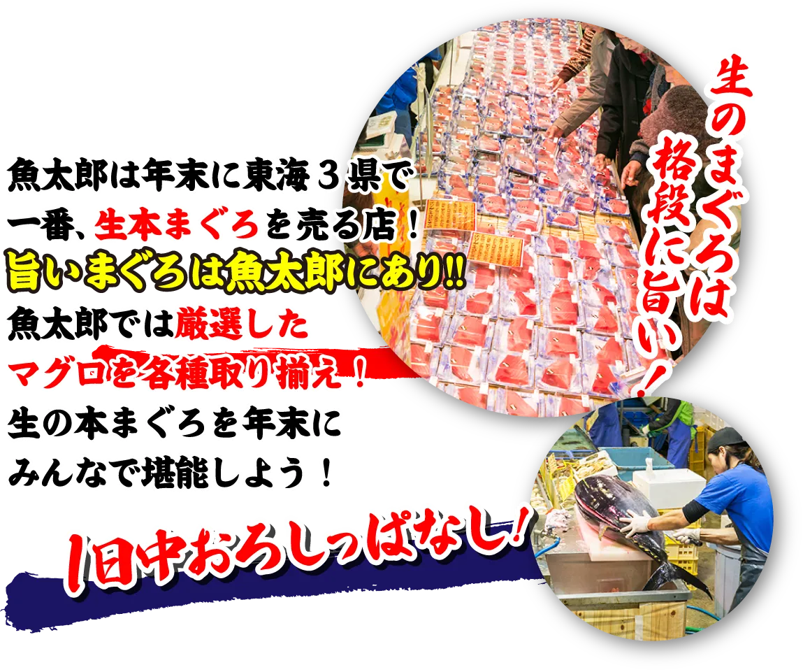 魚太郎は年末に東海3県で一番まぐろを売る店！魚太郎では厳選したマグロを各種取り揃え！生の本まぐろを年末にみんなで堪能しよう！1日中おろしっぱなし!生のまぐろは格段に旨い！