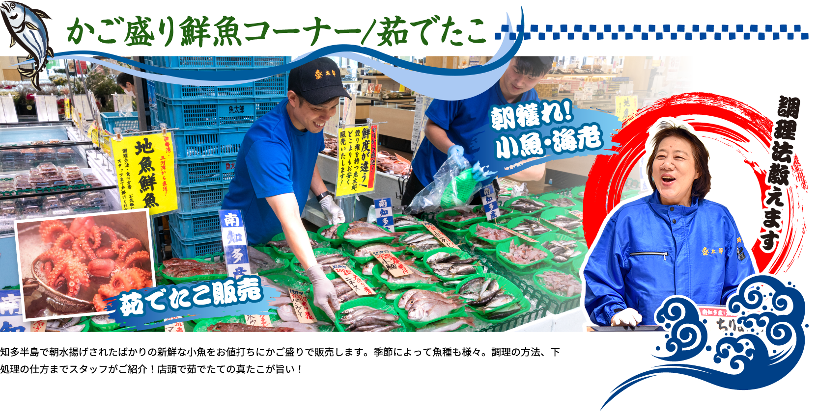 かご盛り鮮魚コーナー/茹でたこ 知多半島で朝水揚げされたばかりの新鮮な小魚をお値打ちにかご盛りで販売します。季節によって魚種も様々。調理の方法、下処理の仕方までスタッフがご紹介！店頭で茹でたての真たこが旨い！